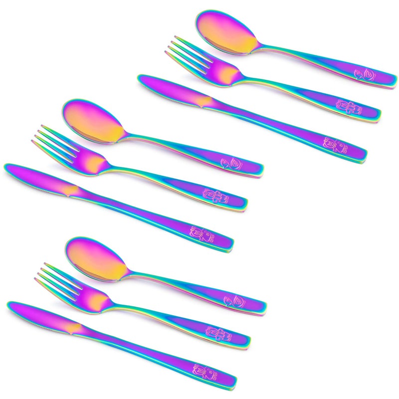 GlossyEnd 9 Piece Stainless Steel Rainbow Kids Cutlery, Child and Toddler Safe Flatware, Kids Silverware, Kids Utensil Set Includes 3 Knives, 3 Forks, 3 Spoons, Total of 3 Settings, Ideal for Home and Preschool - Image 1